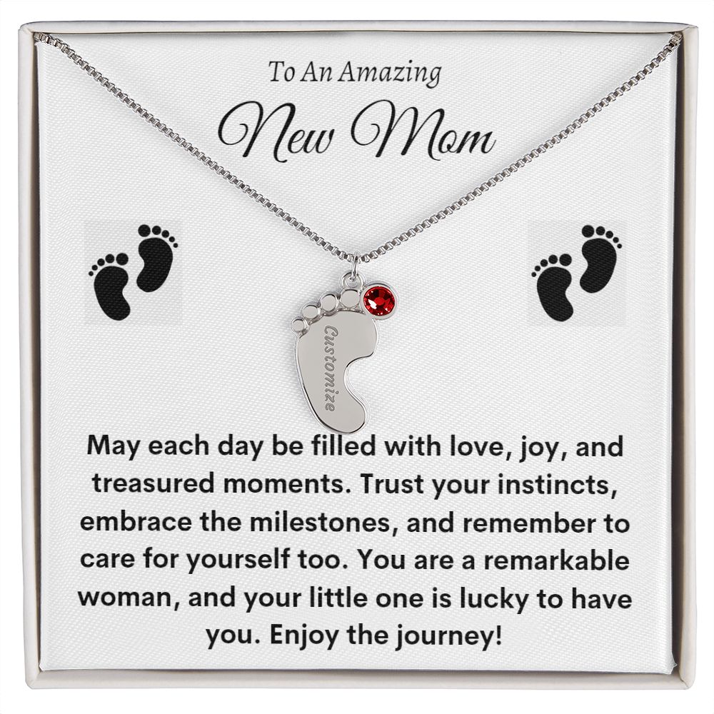 To New Mom - Custom Baby Feet Necklace with Birthstone