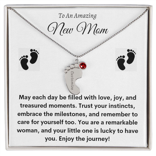 To New Mom - Custom Baby Feet Necklace with Birthstone