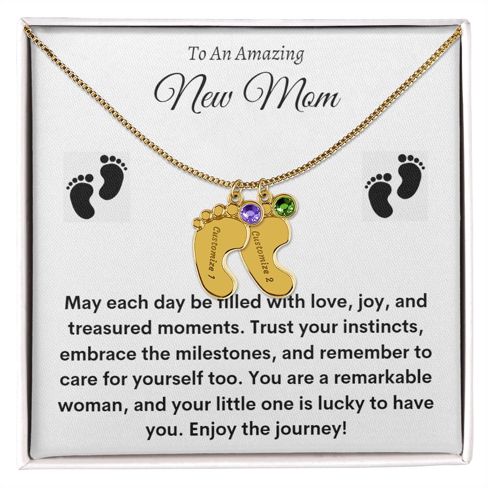 To New Mom - Custom Baby Feet Necklace with Birthstone