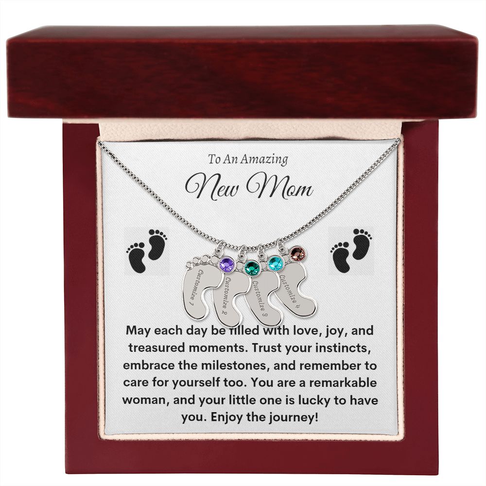 To New Mom - Custom Baby Feet Necklace with Birthstone